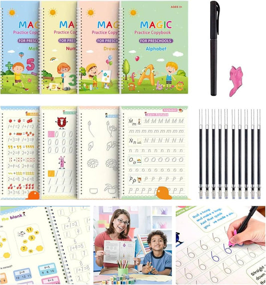 Magic Practice Copybook Set – 4 Books, Magic Pen & 10 Ink Refills | Montessori Tracing, Calligraphy & Handwriting Learning Books for Kids